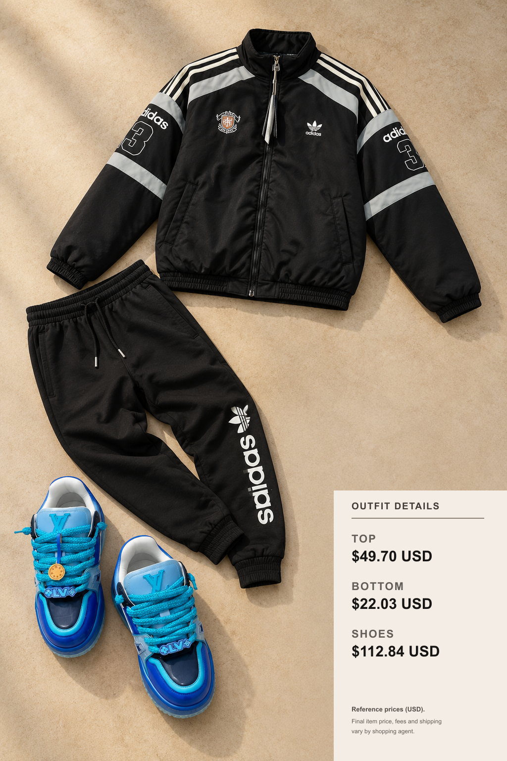 adidas Jacket Three Winter Color Outfits outfit 2 editorial flat lay for fashionreps