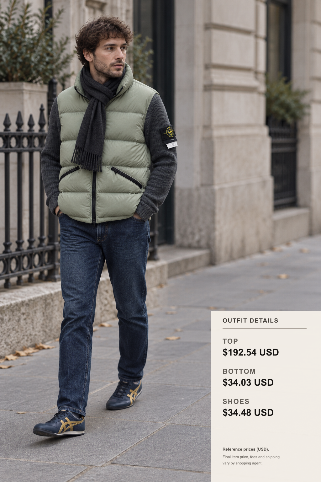 Stone Island knitwear layering outfit with green outerwear, navy trousers and low-profile sneakers